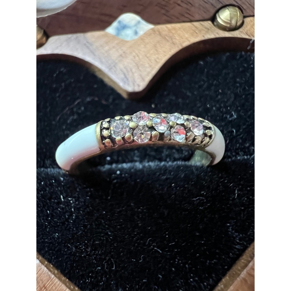 Vintage Gold Tone White Enamel Pink Rhinestone Stackable Band Ring Womens
